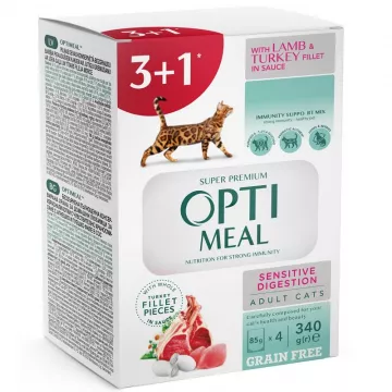 Корм для котов 3+1 Adult Cats Sensitive Lamb &Turkey fillet in sauce ягненок и филе индейки в соусе 340 г Optimeal