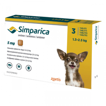 Таблетки инсектоакарицидные Симпарика для собак 1,3-2,5 кг №3*5 мг