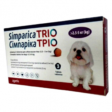 Сімпарика Тріо 2,5-5 кг від бліх, кліщів та глистів для собак Zoetis